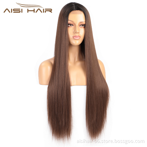 Aisi Hair Cheap High Quality Long Silky Straight Ombre Brown Dark Root Lace Wig Synthetic Hair Lace Front Wigs For Black Women